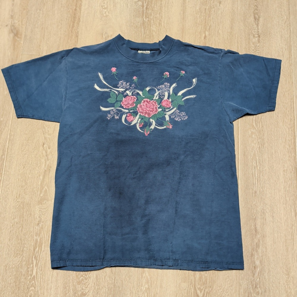 Vintage 90s Oneita Floral Ribbed T-Shirt Mens L Navy Blue Roses Made USA Flaws